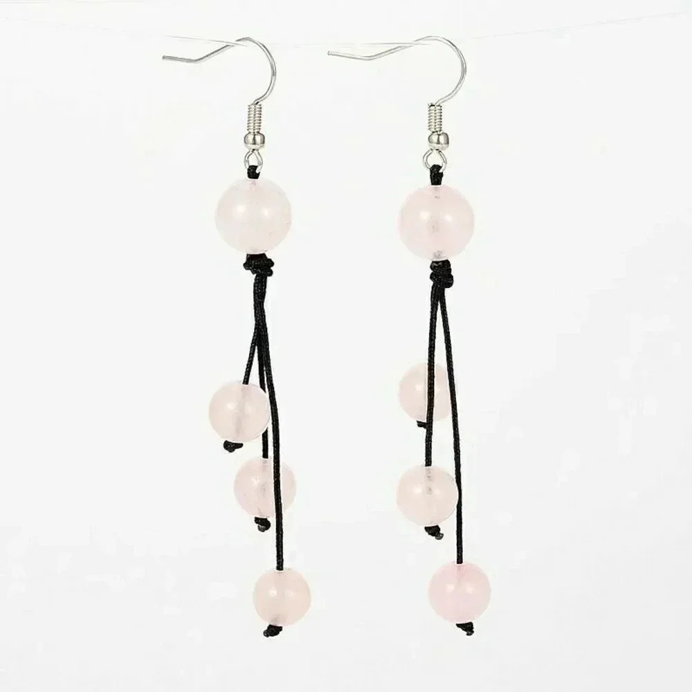 Natural Rose Quartz Pink Gemstone Black Silk Thread Knotted Dangle Earrings